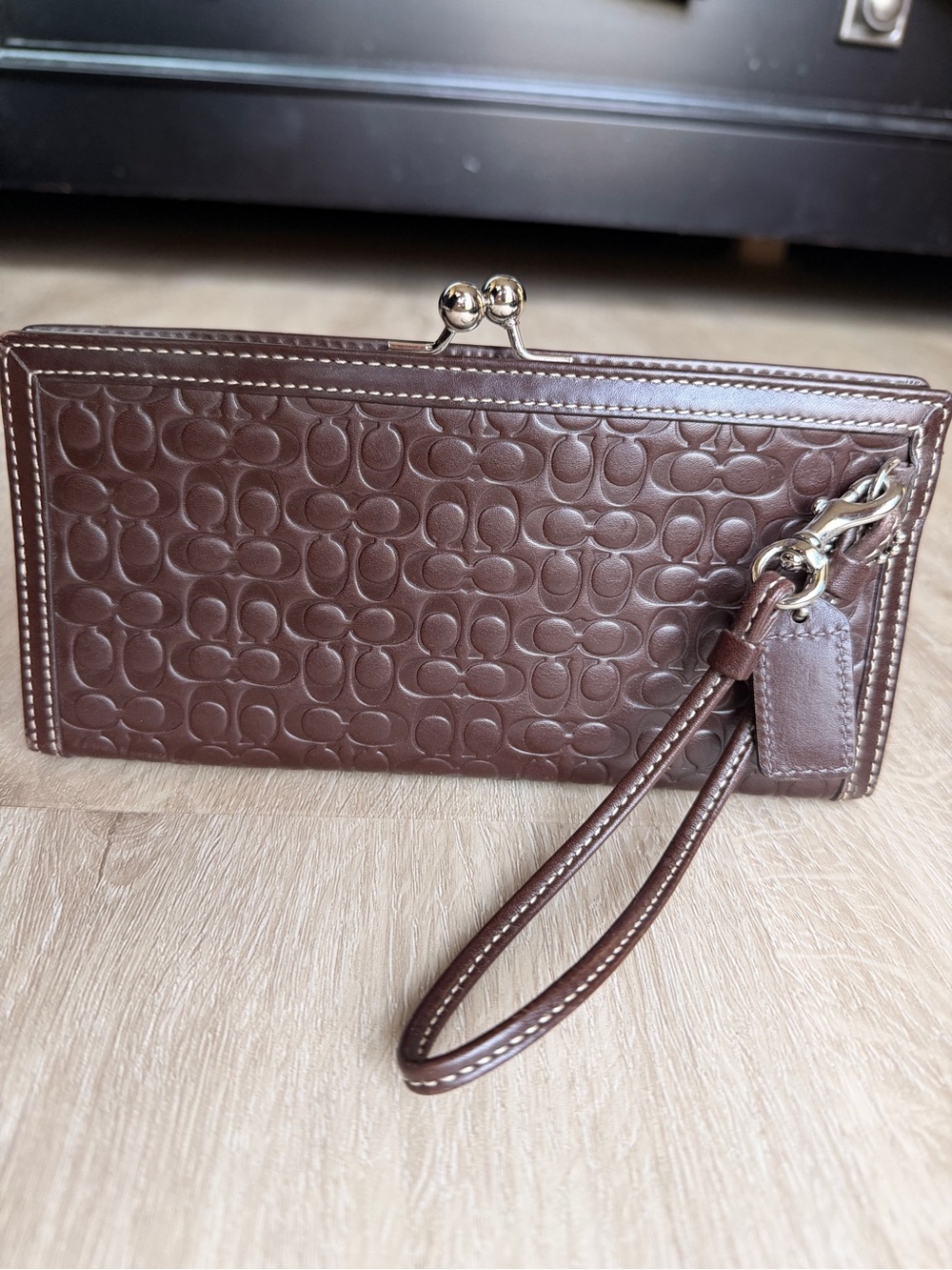 Brown Embossed Leather Wristlet Clutch